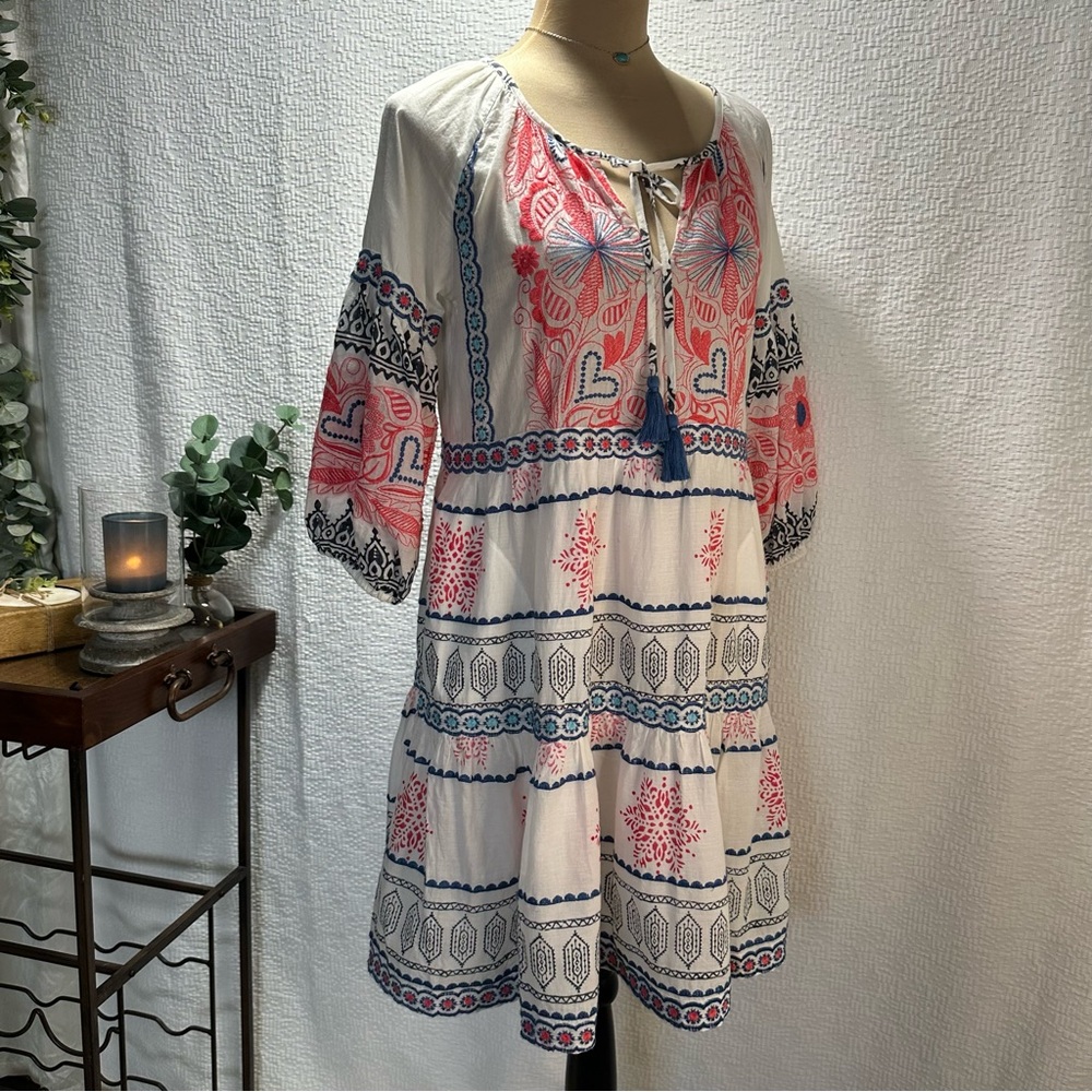 Lula Soul White with Multi Color Embroidered Long Sleeve Boho Mini Dress XS